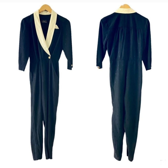 Vintage 80’s John Roberts Black Tuxedo Lapel Jumpsuit M - Picture 1 of 6